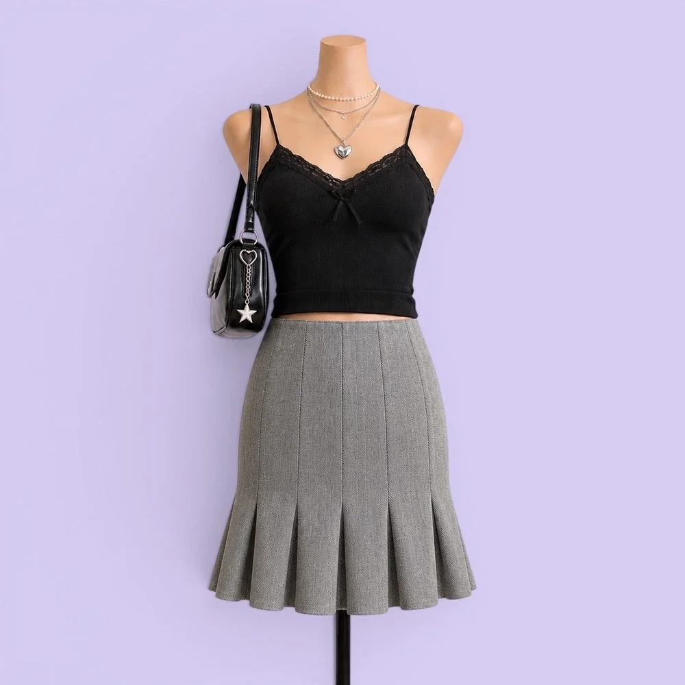 Chaps Vintage Y2K Grey Herringbone Wool Skirt Petite 8P Pleated Fit Flare Lined